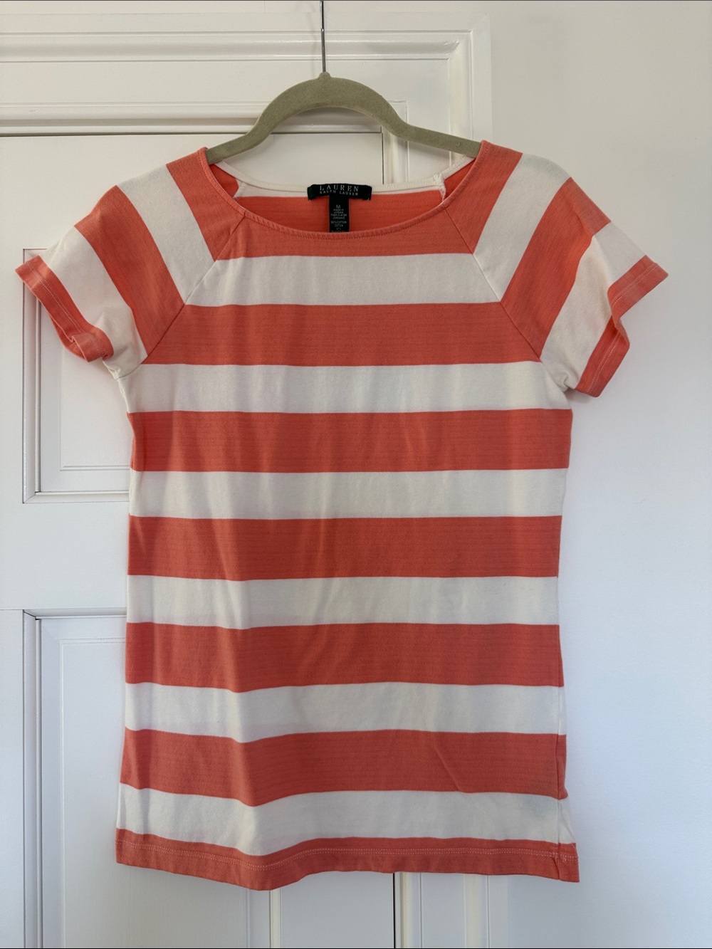 Lauren Ralph Lauren Coral and White Striped Short-Sleeve Tee